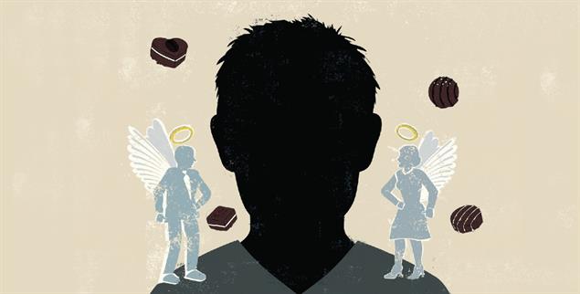  Wie gut ist es, Schokolade zu essen? Unser Autor Markus Wanzeck macht den Test. Zwei Engel auf seiner Schulter machen ihm in diesem himmlischen Zwiegespräch die Möglichkeiten und Grenzen fair gehandelten Kakaos deutlich. (Illustration/Montage: istockphoto/Mark Airs; istockphoto/Meriel Jane Waissman (2): istockphoto/Firn)