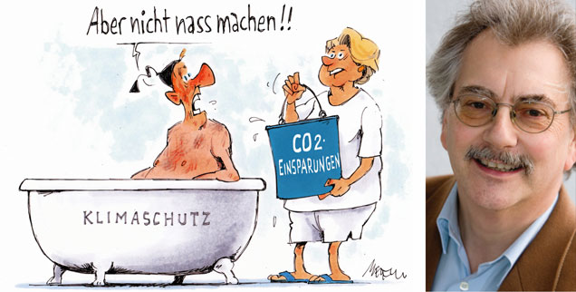 Wolfgang Kessler: »Je teurer fossile Energie, desto billiger ist der Klimaschutz« (Karikatur: Gerhard Mester; Foto: Publik-Forum)
