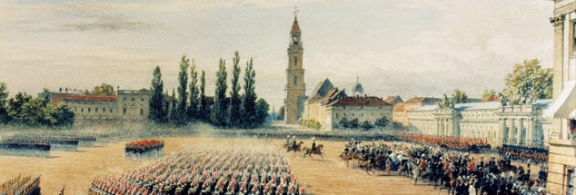 Der Wiederaufbau ist gewissermaßen beschlossene Sache: Historische Ansicht der Garnisonkirche in Potsdam im 19. Jahrhundert, hier zu sehen im Ensemble mit dem Stadtschloss. (Foto des Aquarells von George Housmann: pa/akg)