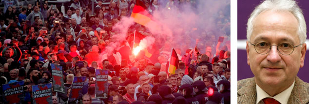 Militante Fremdenfeindlichkeit in Chemnitz: Für den früheren Pfarrer Christian Wolff ist es entscheidend, dass die Kirchen, Führungspersönlichkeiten und Bürger jetzt klar Stellung beziehen gegen Pegida und AfD.  Er nennt daneben konkrete Forderungen an die Politik (Fotos: pa/Reuters/Matthias Rietschel; pa/zb/Peter Endig)