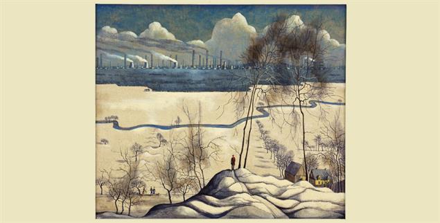 Schnee vor Industriekulisse: Karl Hermann Roehrichts »Schwedter Winterlandschaft« (1971). (© Karl Hermann Roehricht; Foto: Ludwig Rauch)